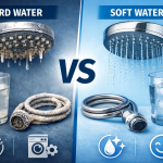 Hard water vs soft water comparison showing mineral buildup vs clean water results in Orange County homes