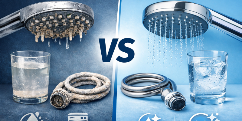 Hard water vs soft water comparison showing mineral buildup vs clean water results in Orange County homes
