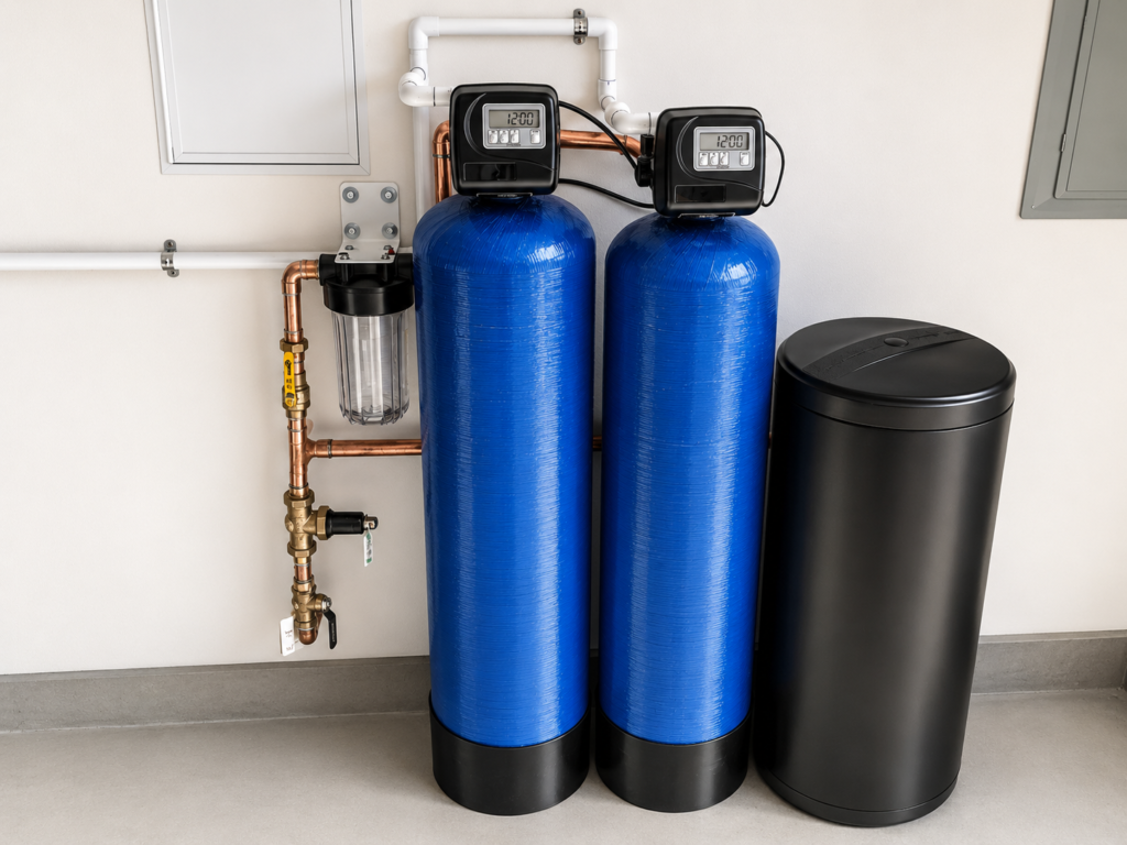 Whole house water filtration system in Irvine CA featuring sediment filter, catalytic carbon filter, and Clack water softener