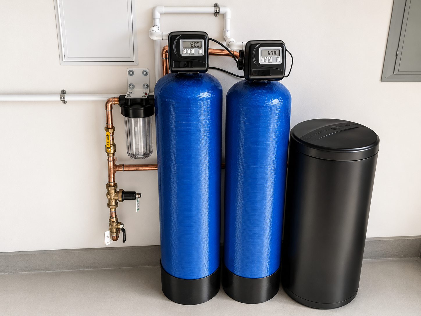 Clack water softener, catalytic carbon and sediment filtration system installed by Pro Filtration in Irvine, California
