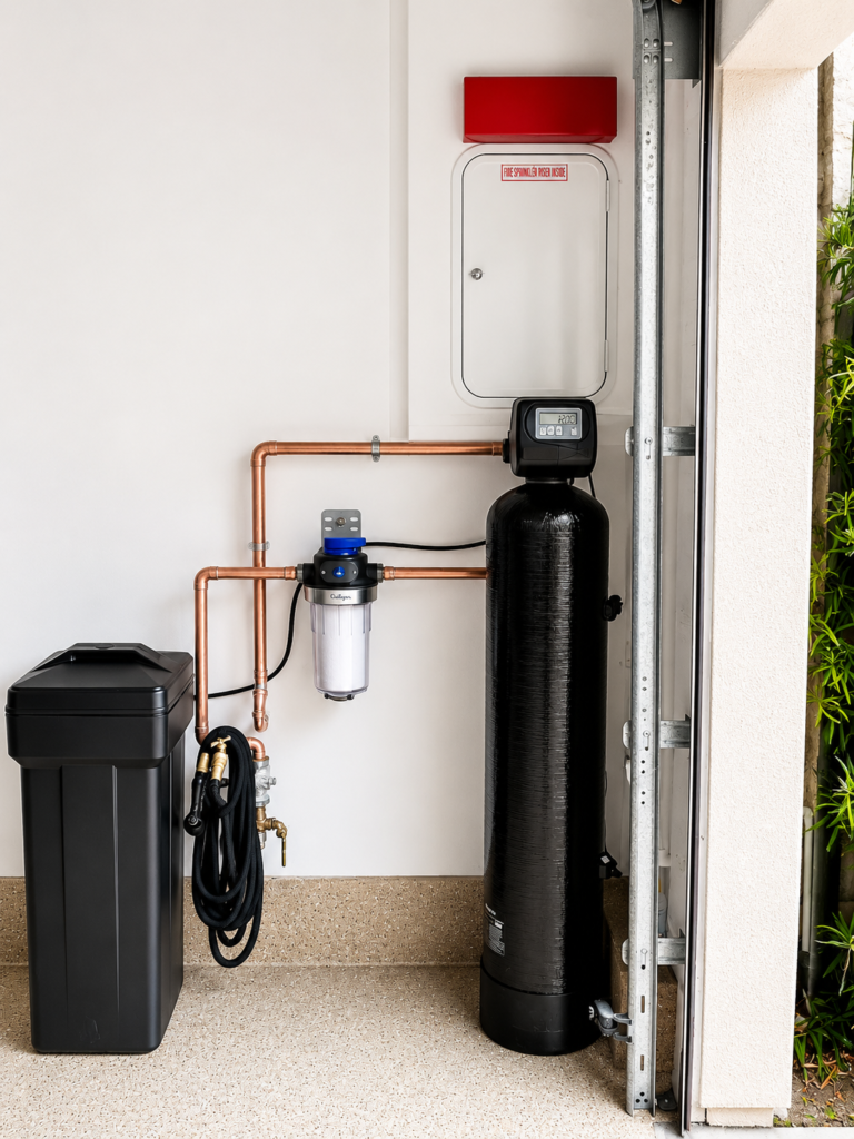 Clack water softener installation in Irvine CA with pre-filter and bypass plumbing by Pro Filtration