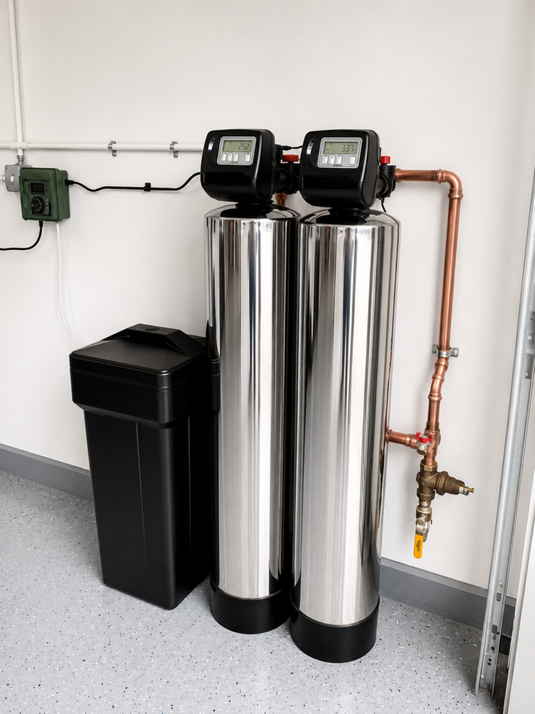 Garage-installed catalytic carbon filter and water softener system in Mission Viejo CA
