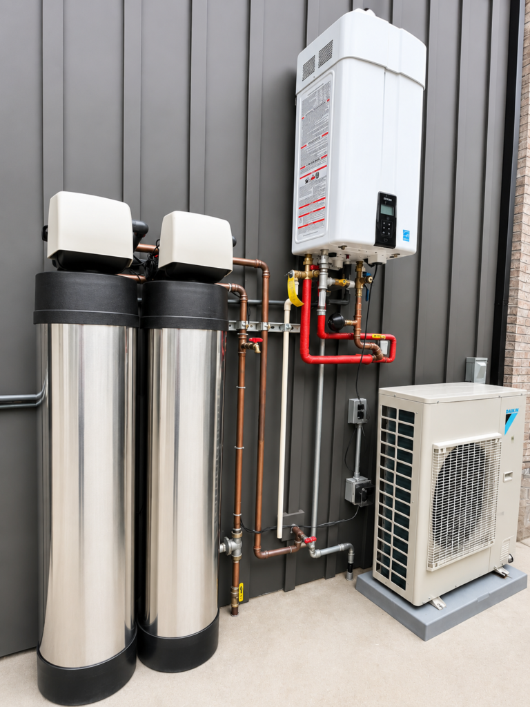 Outdoor whole house catalytic carbon filter and water softener system with Navien tankless water heater in San Clemente CA
