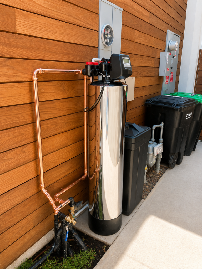 Outdoor Clack water softener installation in San Clemente CA