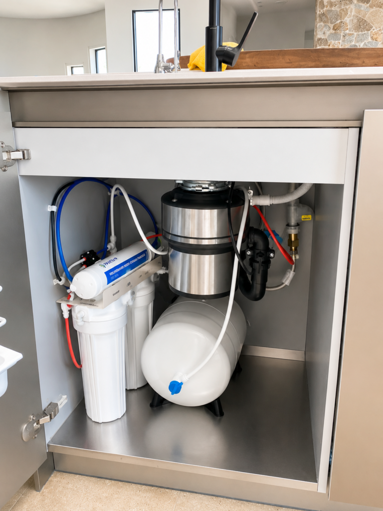 Reverse osmosis drinking water system installed under kitchen sink in San Clemente CA