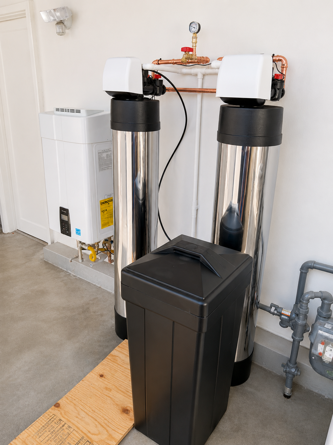 Outdoor catalytic carbon filter, water softener, and Navien tankless water heater installation in San Clemente CA