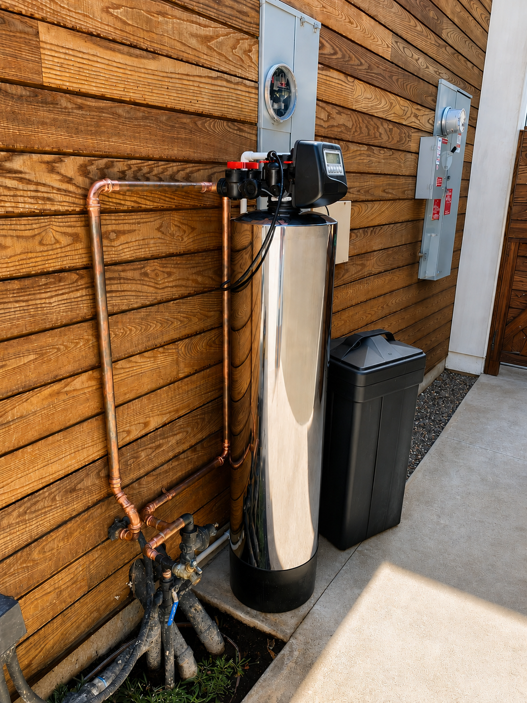 Whole-house water softener installation with Clack control valve and brine tank in Orange County, California.