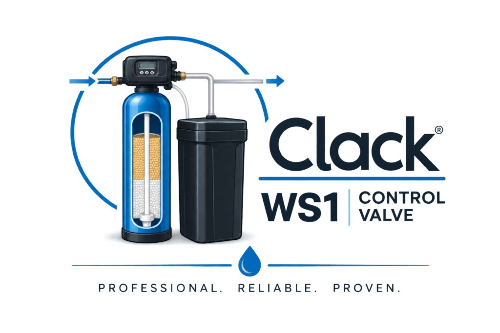 Water softener system schematic with control valve, ion-exchange resin tank and brine tank