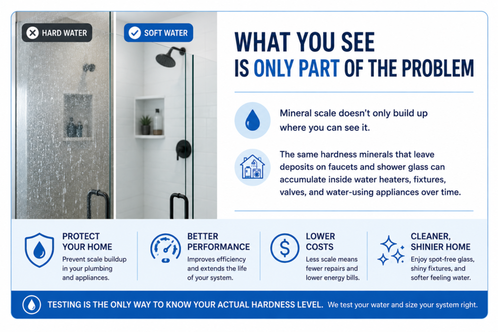 Hard water mineral buildup on shower glass compared with clean glass after water softening
