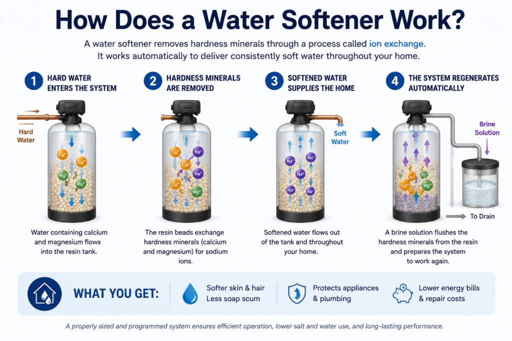 Diagram showing how a water softener removes calcium and magnesium through ion exchange and regenerates with brine