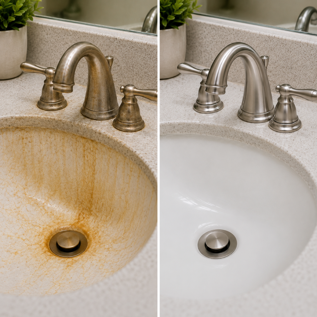 Before and after bathroom sink showing iron staining compared with a clean sink after iron removal water treatment.