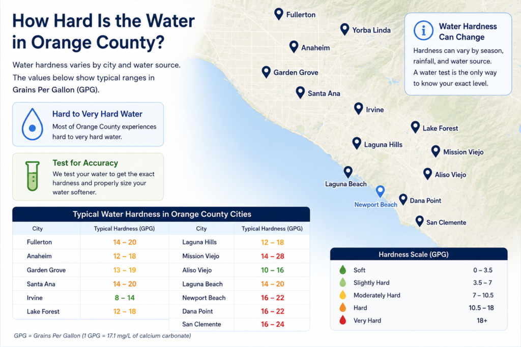 Orange County water hardness map showing typical GPG ranges for Newport Beach, Irvine, Mission Viejo, San Clemente and other cities