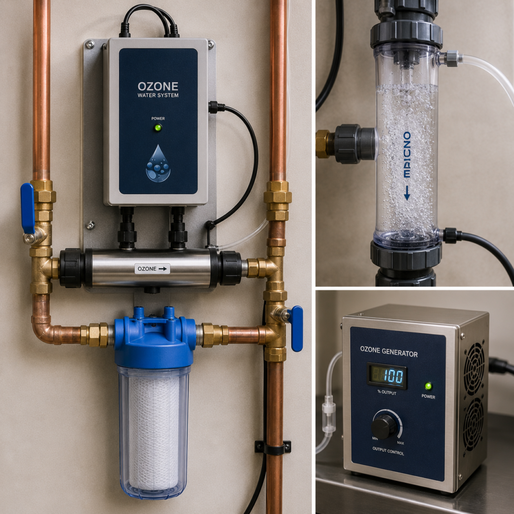 Whole-house ozone water treatment system with ozone generator and oxidation equipment.