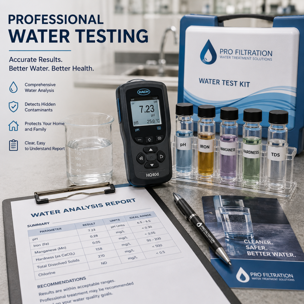 Professional water quality testing for hardness, pH, iron, manganese, chlorine, and total dissolved solids in Orange County.