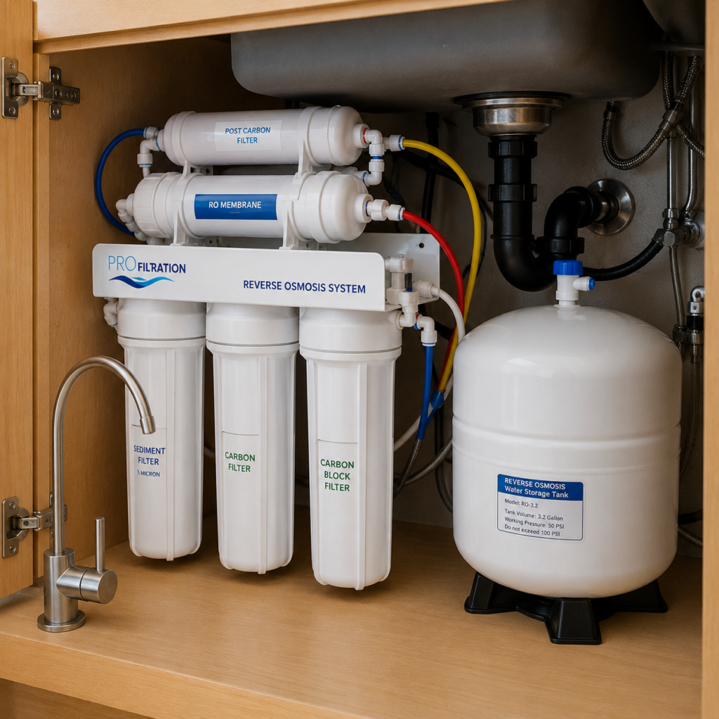 Under-sink reverse osmosis drinking water system professionally installed in an Orange County kitchen