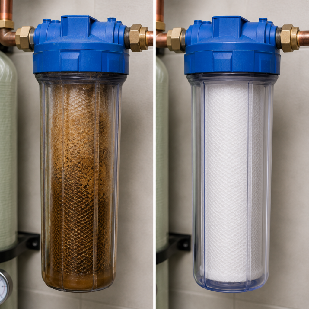 Before and after sediment filter showing a dirty cartridge compared with a clean replacement cartridge for whole-house water filtration.