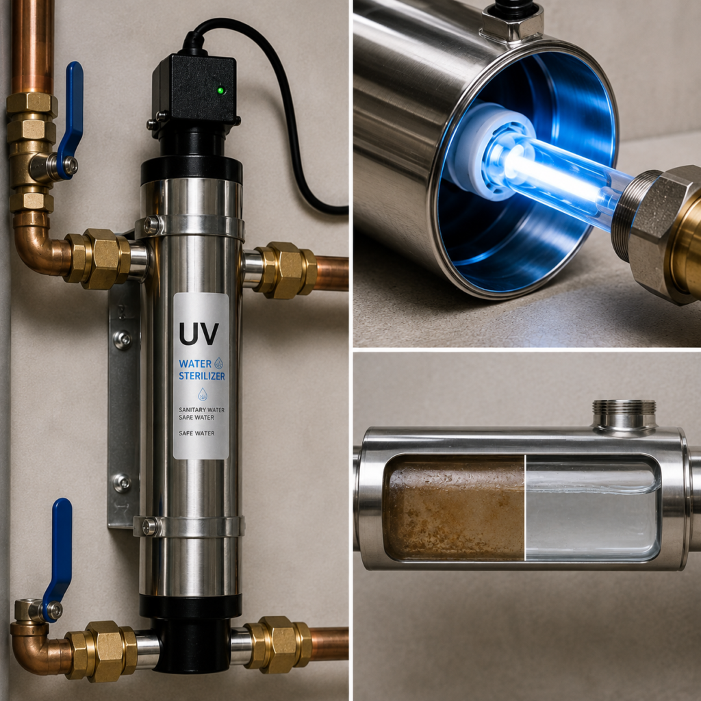 Whole-house UV water purification system with stainless steel UV sterilizer and copper plumbing.