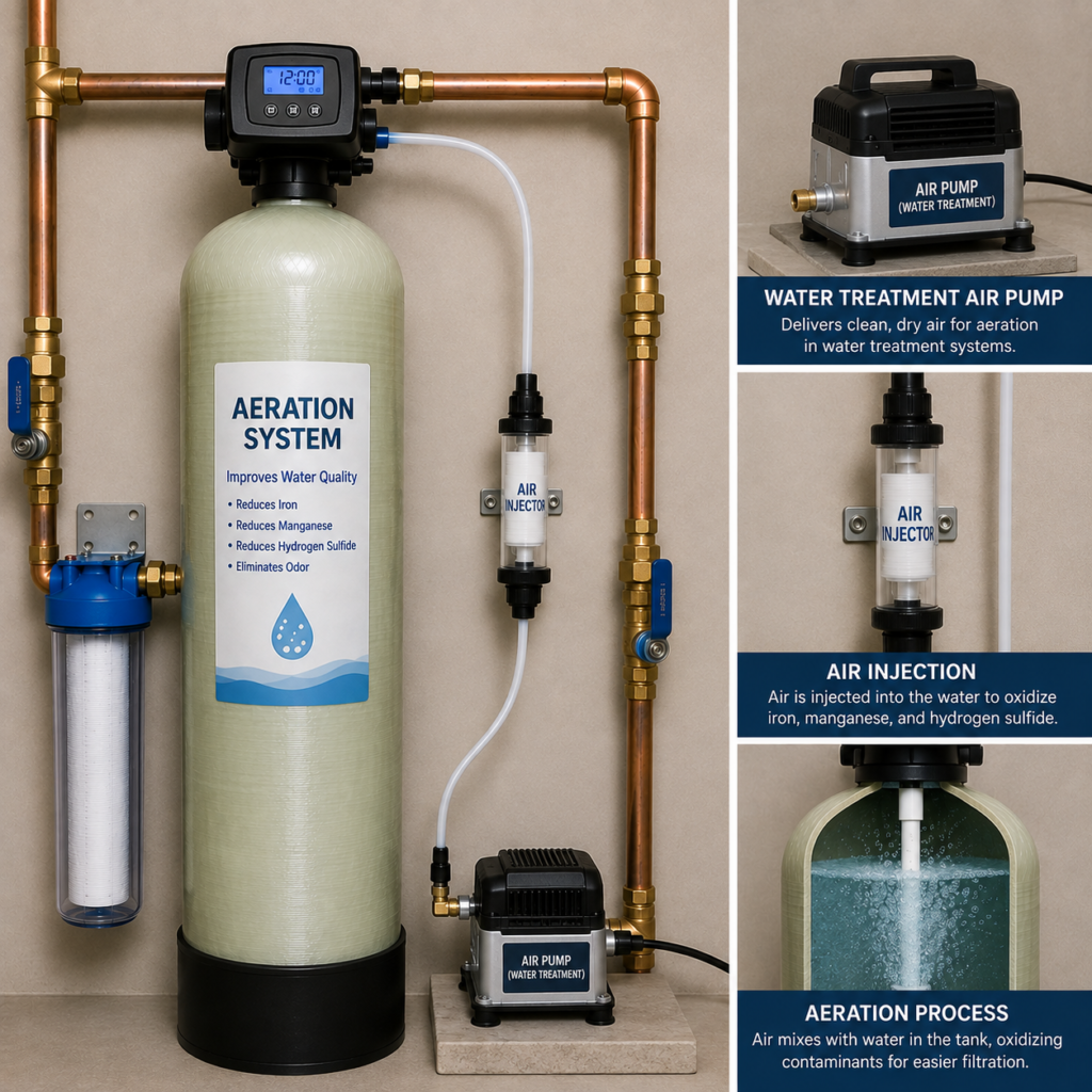 Whole-house water aeration system with air pump for iron, manganese, and hydrogen sulfide removal.