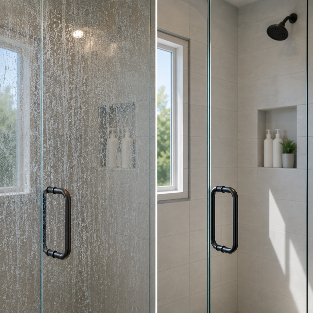 Before and after shower glass showing the difference a whole-house water softener makes by reducing hard water spots and mineral buildup.