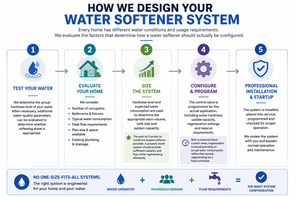Five-step water softener design process including water testing, home evaluation, system sizing, programming and professional installation