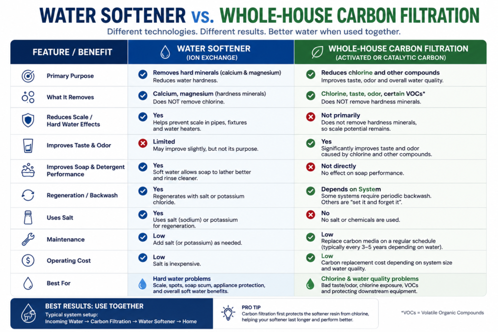 Water softener vs whole-house carbon filtration comparison showing hardness removal, chlorine reduction, scale control and water quality benefits