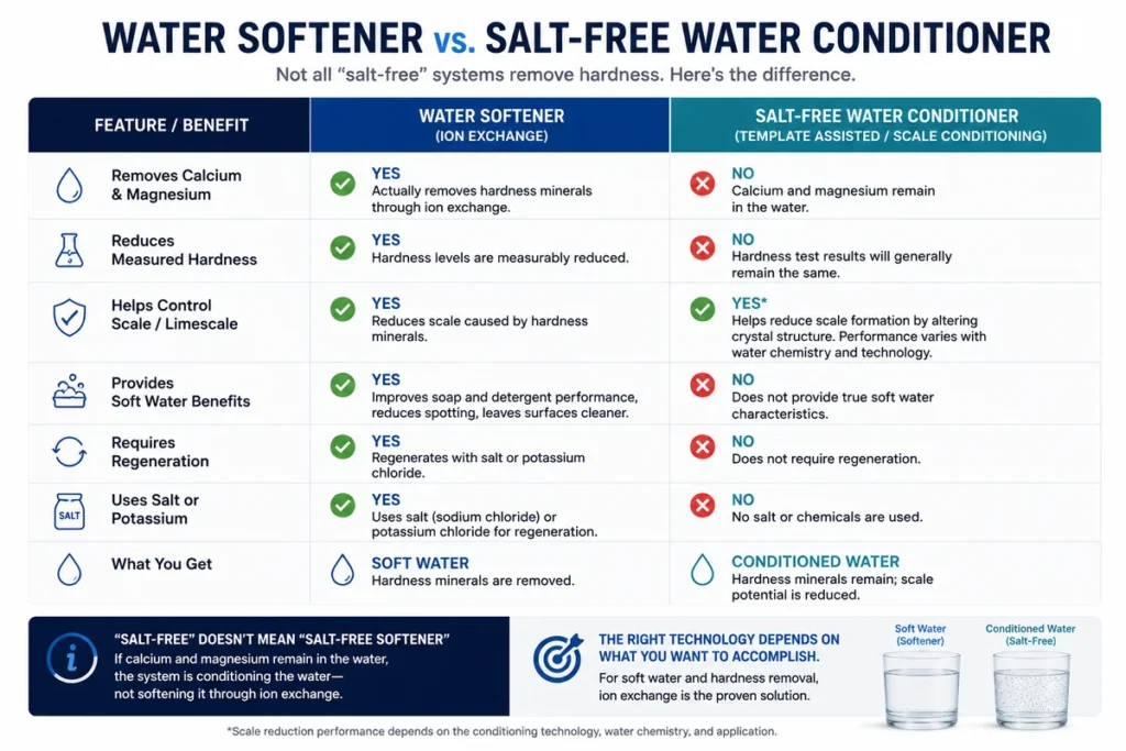 Water softener vs salt-free water conditioner comparison showing hardness removal, scale control and regeneration differences