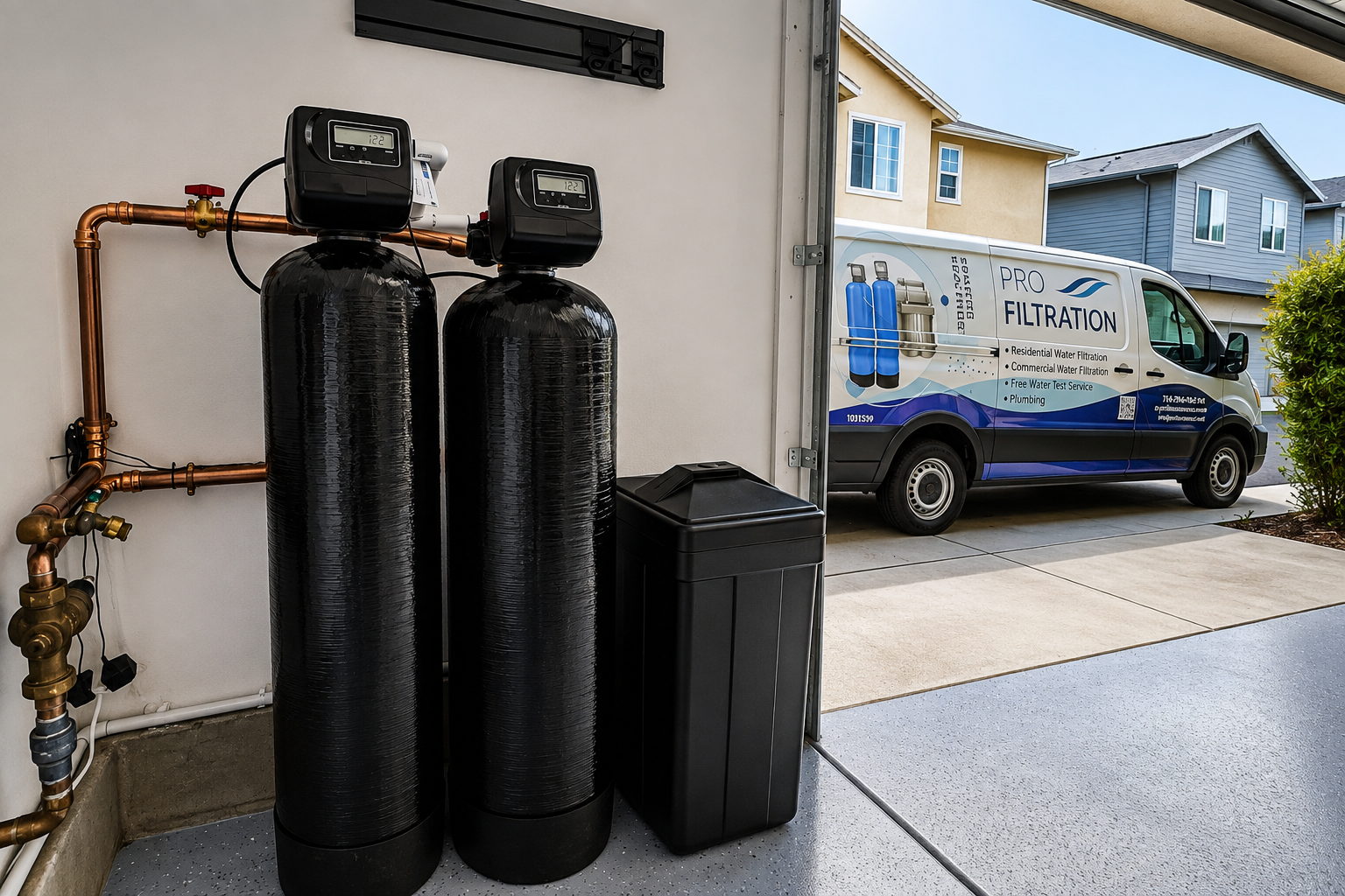 Whole-house water filtration and water softener installation in an Orange County home garage by Pro Filtration.