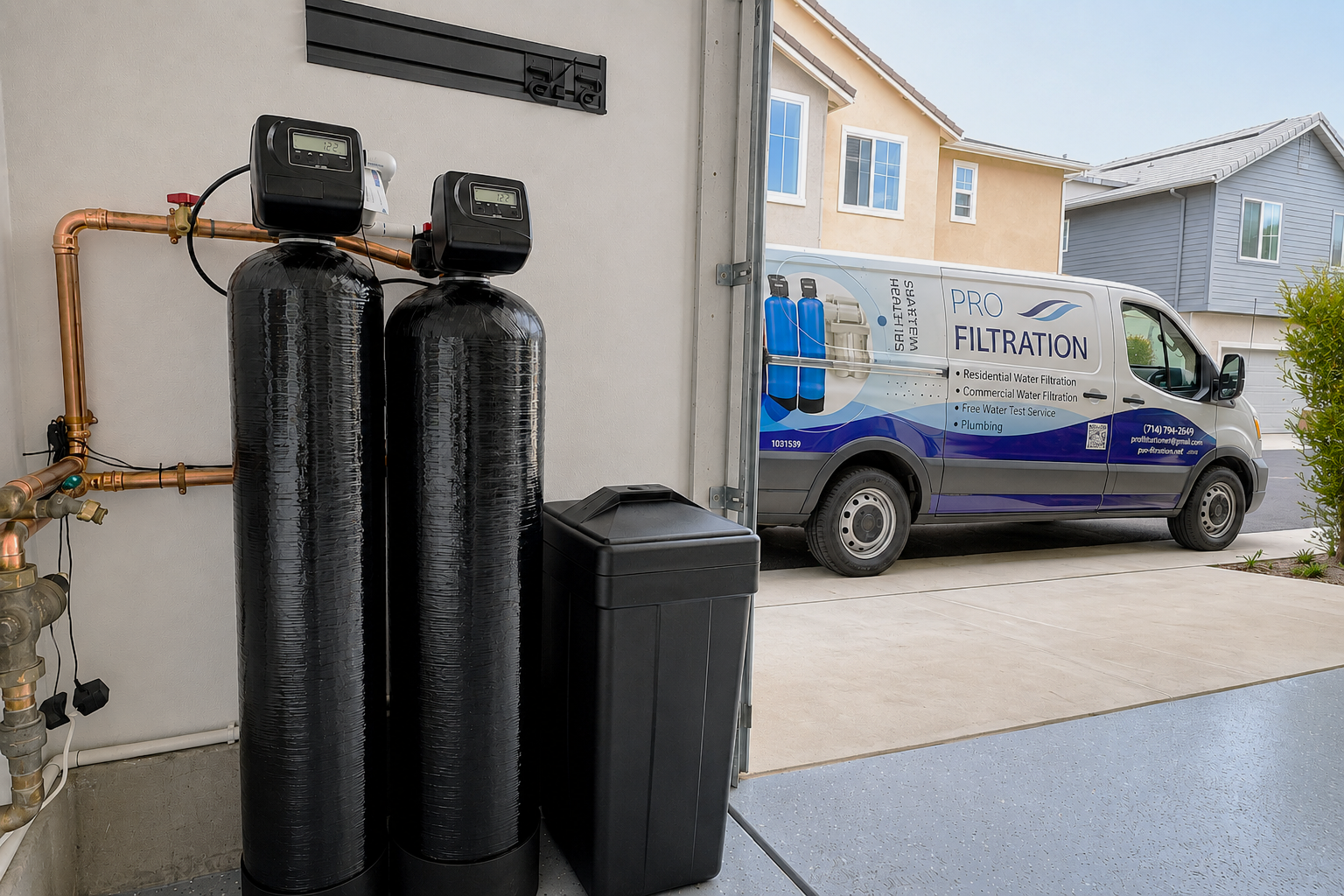 Whole house water filtration and water softener system installed by Pro Filtration in Orange County with service van in the background.