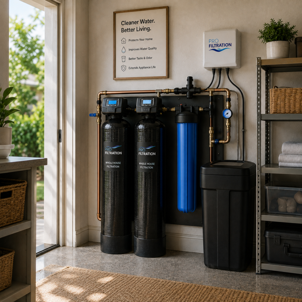 Whole house water filtration system installed in Orange County home utility room