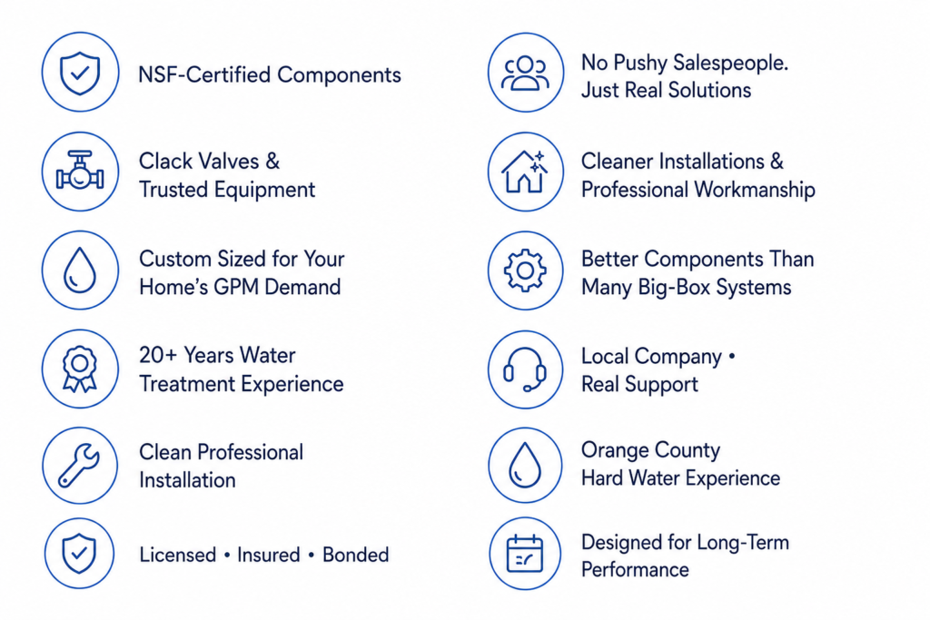 Why homeowners choose Pro Filtration for whole-house water filtration systems in Orange County, featuring NSF-certified components, Clack valves, custom system design, and professional installation.