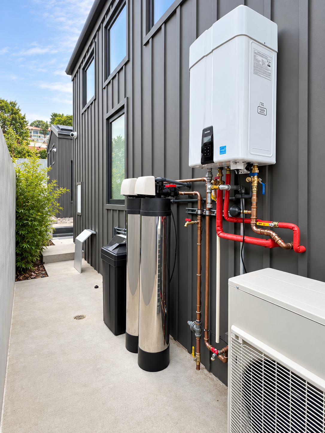 Outdoor whole-house filtration and water softener beside a Navien tankless water heater in San Clemente