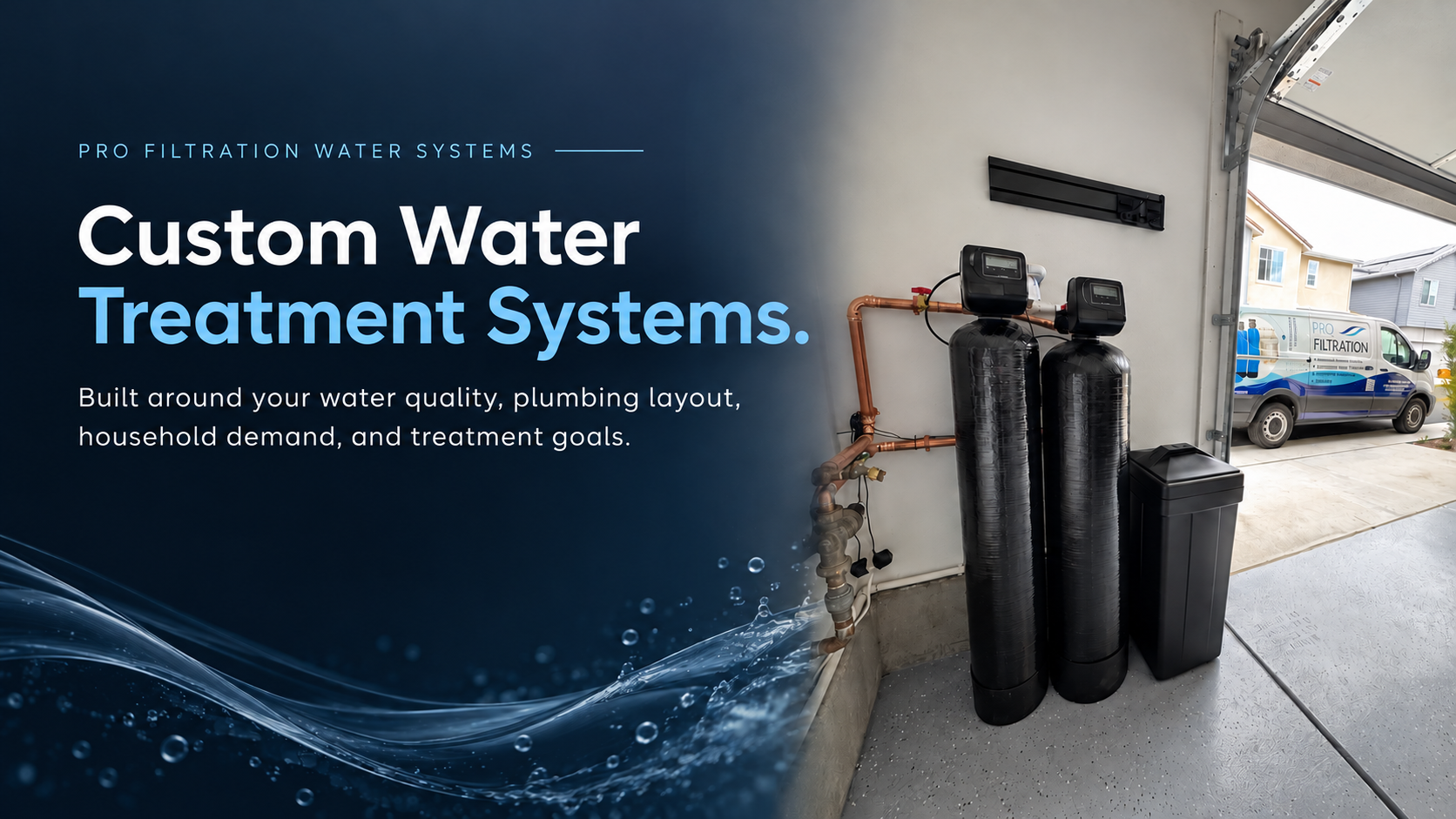 Pro Filtration Water Systems custom whole-house water treatment installation in Orange County, with treatment tanks and company service van.